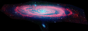 仙女座星系在史匹哲太空望远镜的红外线下呈现的影像。史匹哲太空望远镜是NASA的大型轨道天文台计划下的四架 ...